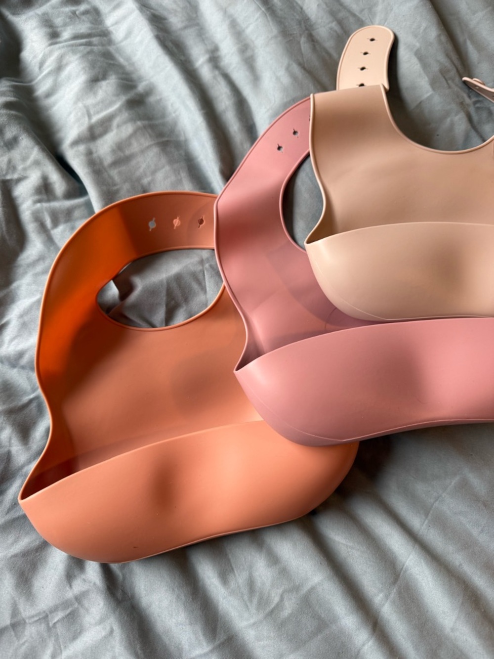 Silicone Baby Bibs - Set of 6 in Peach, Dusty Pink, Blush, blue